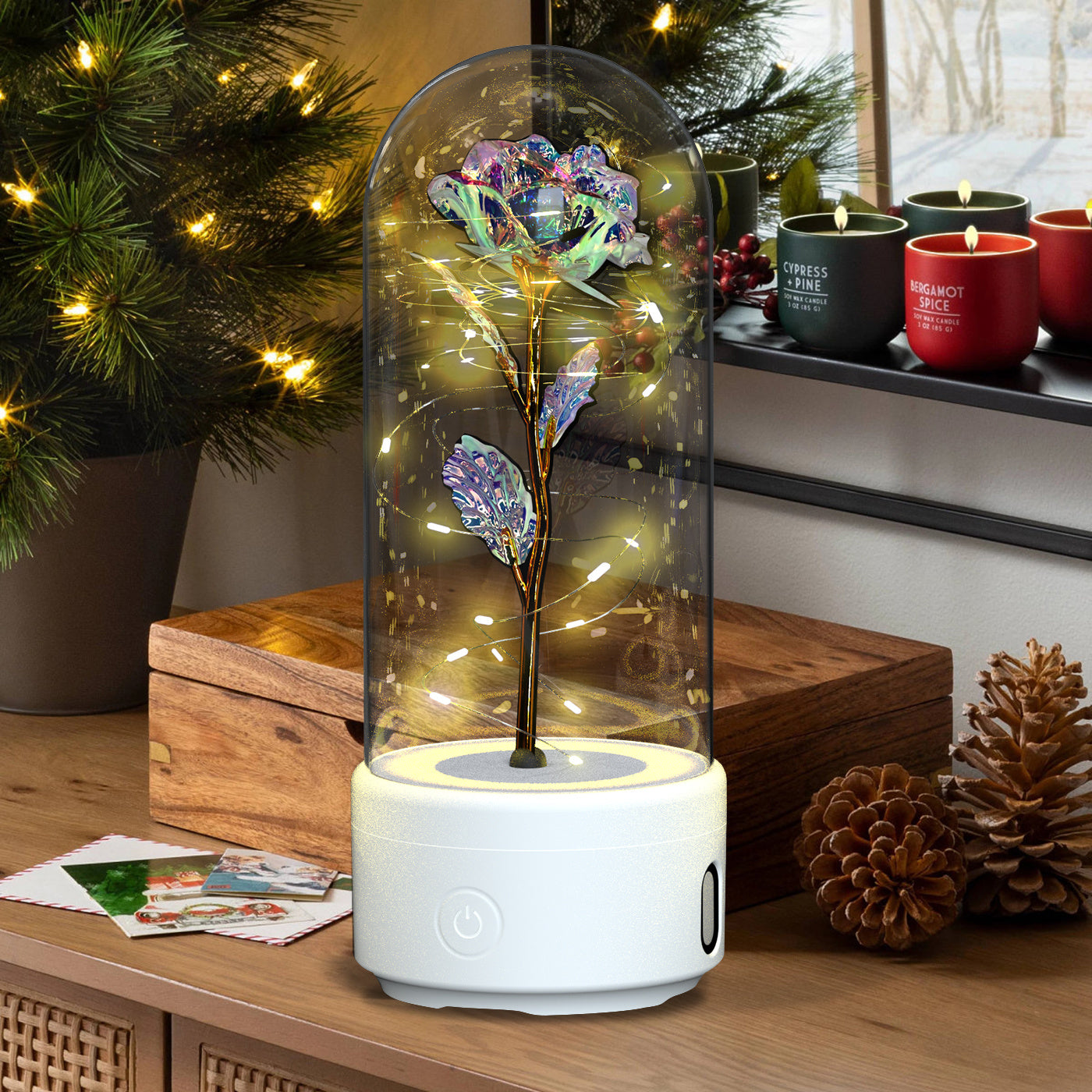 Forever Rose with Fairy Lights & Bluetooth Speaker