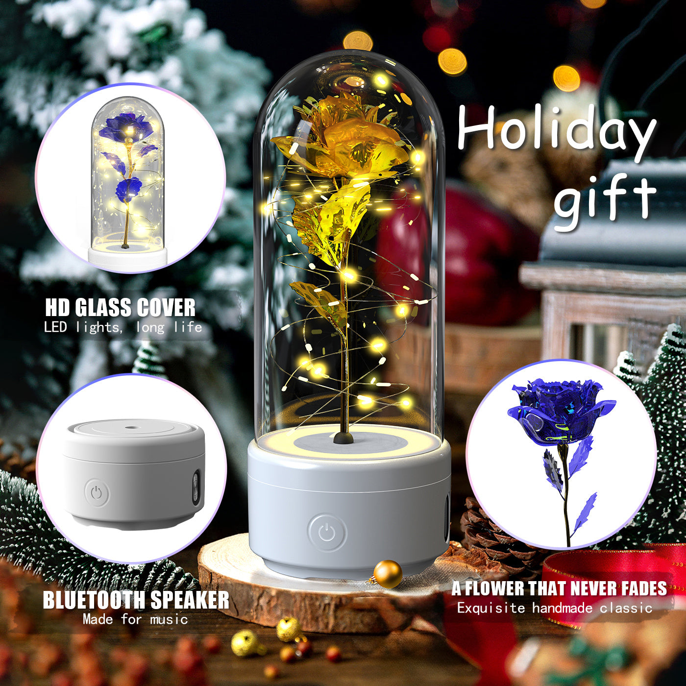 Forever Rose with Fairy Lights & Bluetooth Speaker